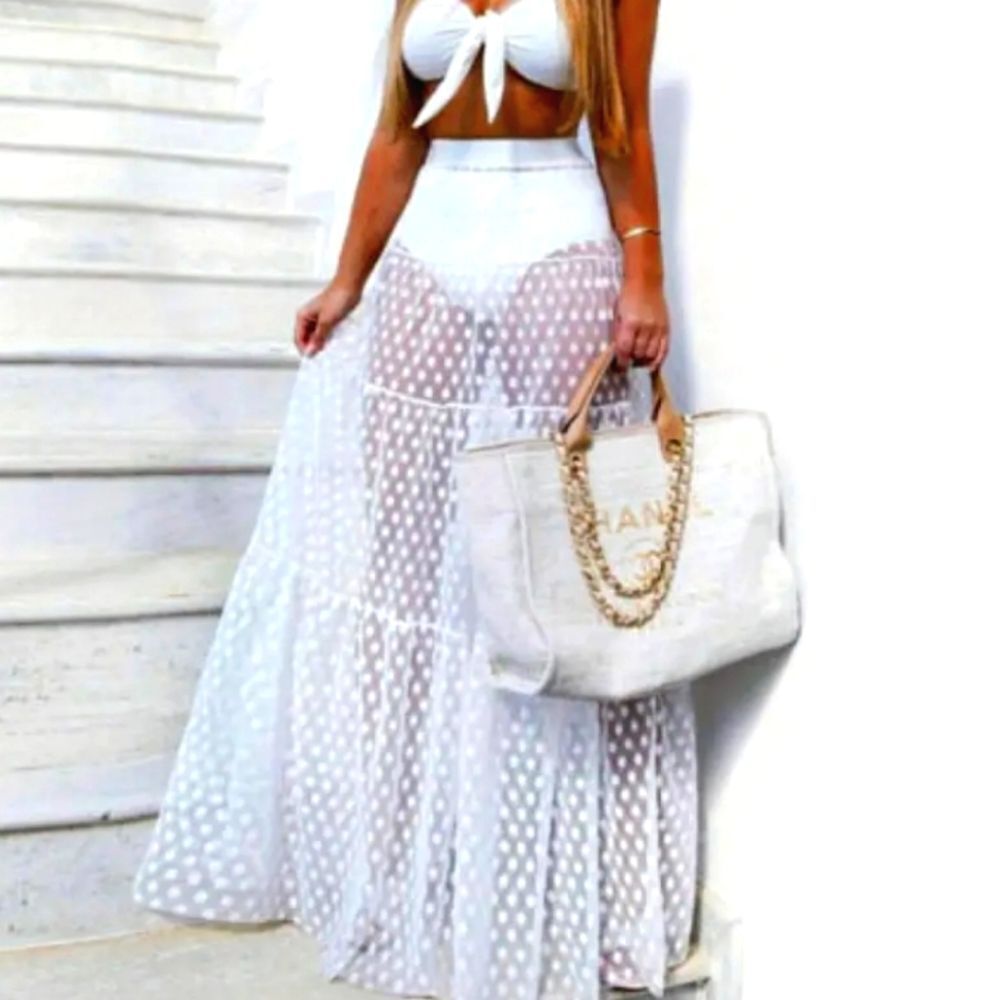 Elegant White Polka Dot Mesh Transparent Skirt Sz X-LARGE